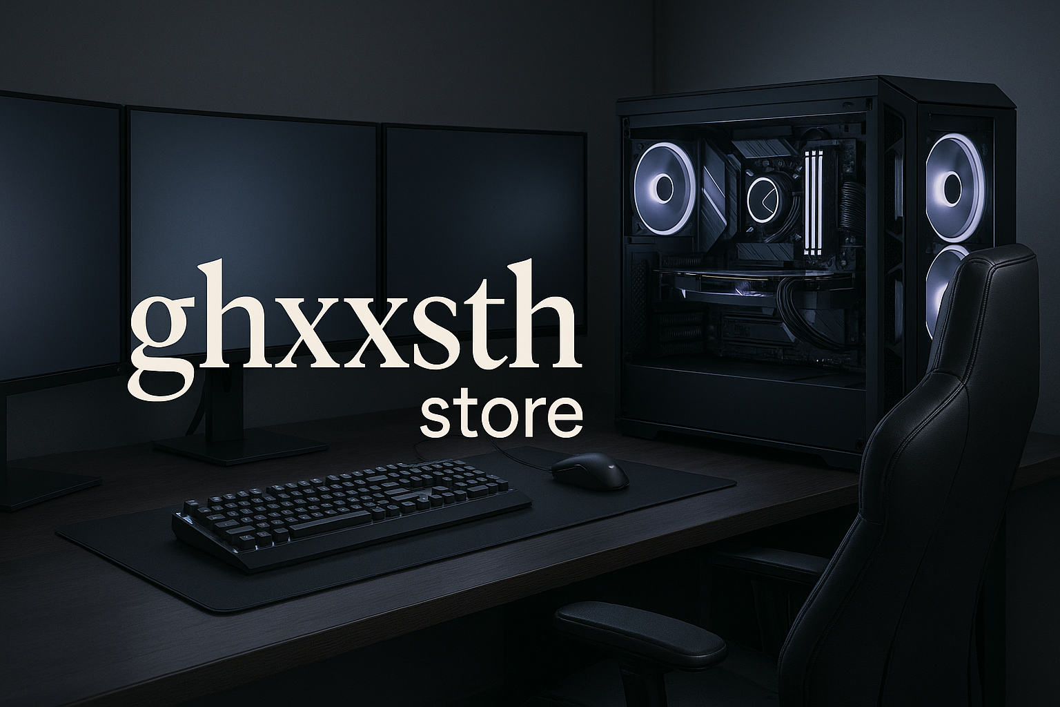 haz un banner para mi negocio ghxxsth store, quiero que de fondo se vea una pc gamer y un setup muy caro, que no se vea con tantos colores neon